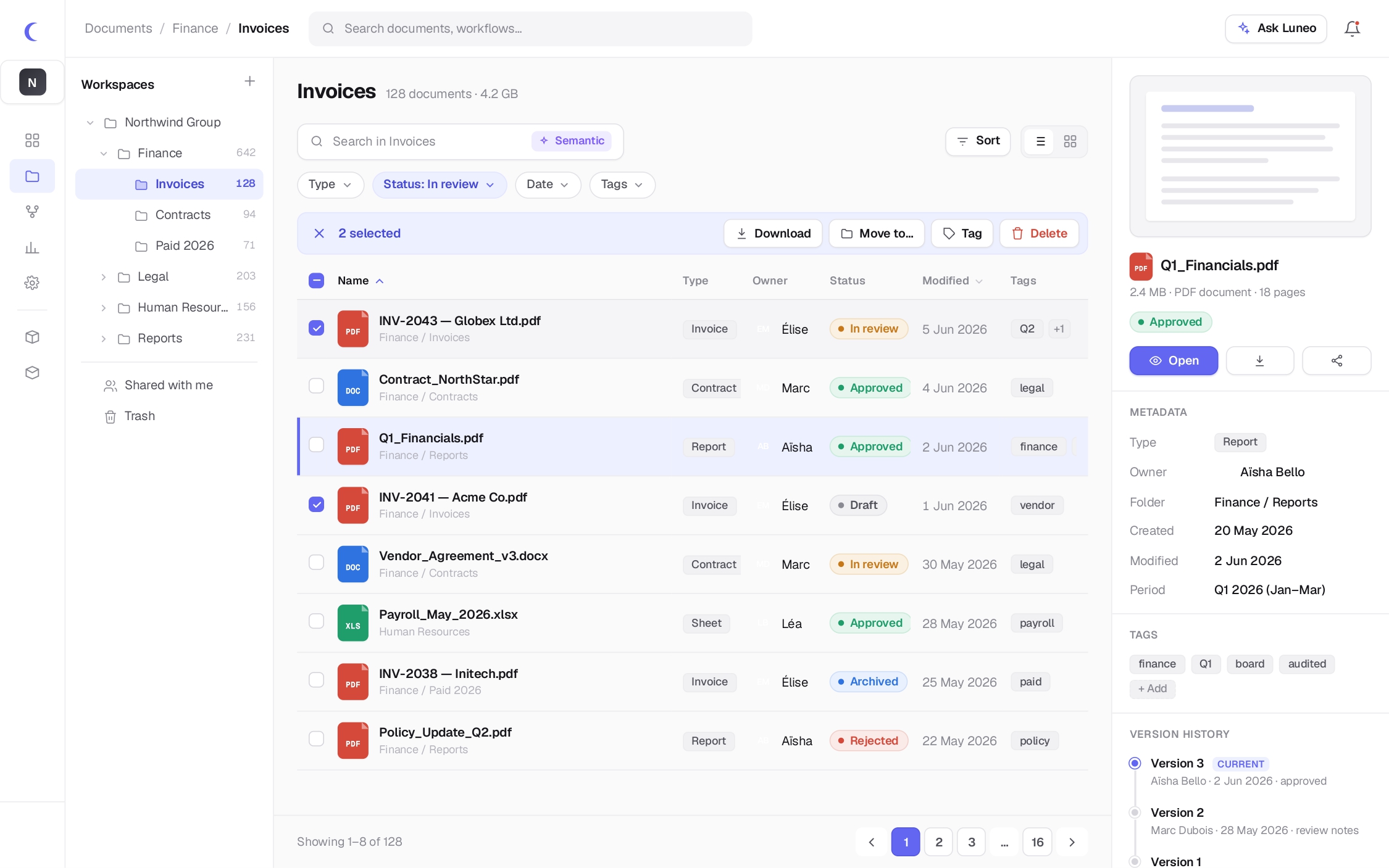 Interface GED Luneo : liste de documents avec filtres, statuts et panneau de métadonnées
